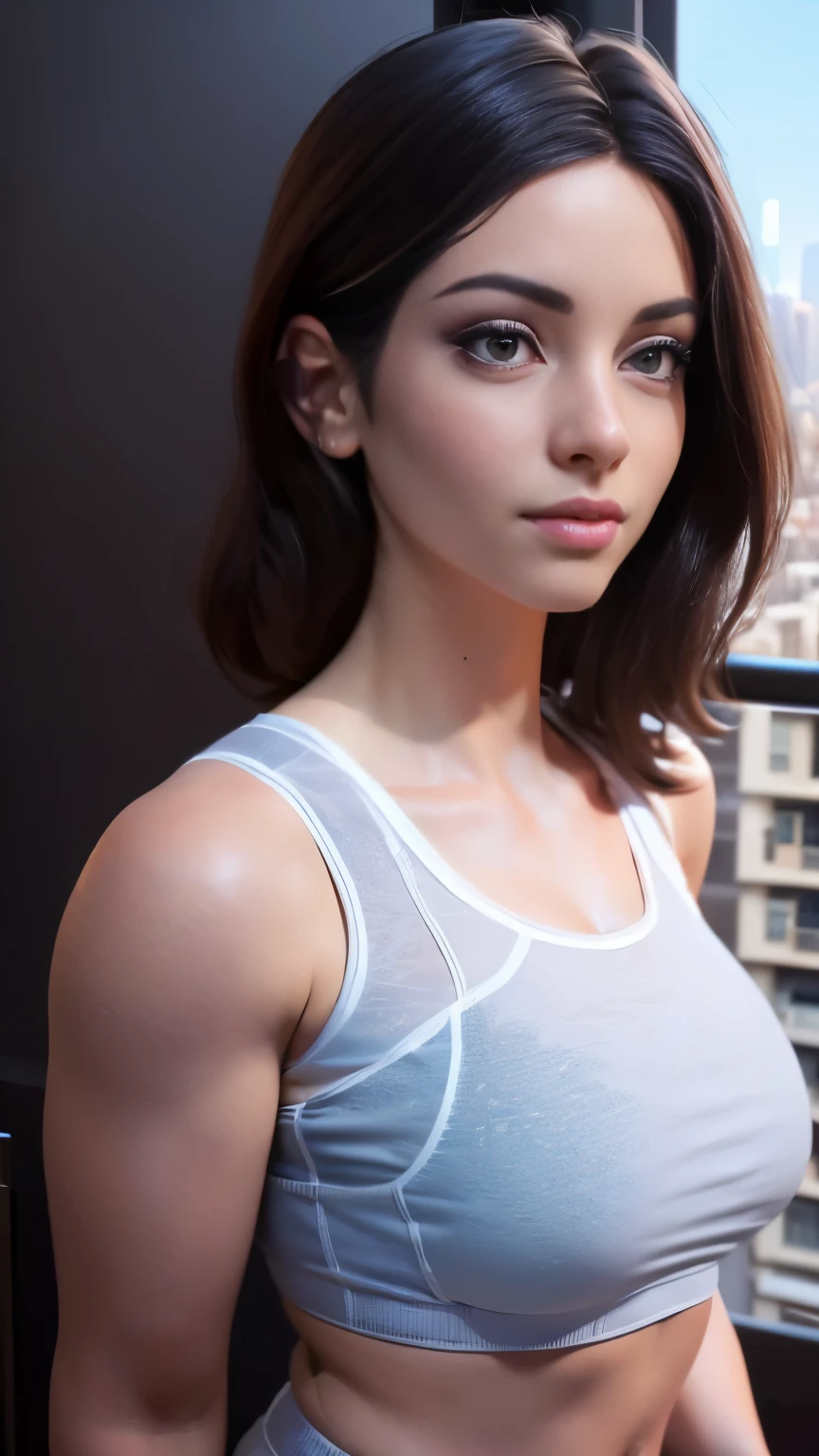 photo of Sweet Anita, RAW, beautiful woman, ((portrait)), ((detailed face:1.2)), ((detailed facial feature, detailed skin, clear skin), (perfect proportioned body), arched back, (wearing Lululemon) (high detailed city environment, apartment balcony), (realistic photo, best quality, detailed), (8k wallpaper), (cinematic lighting, dramatic lighting) (sharp focus, intricate)