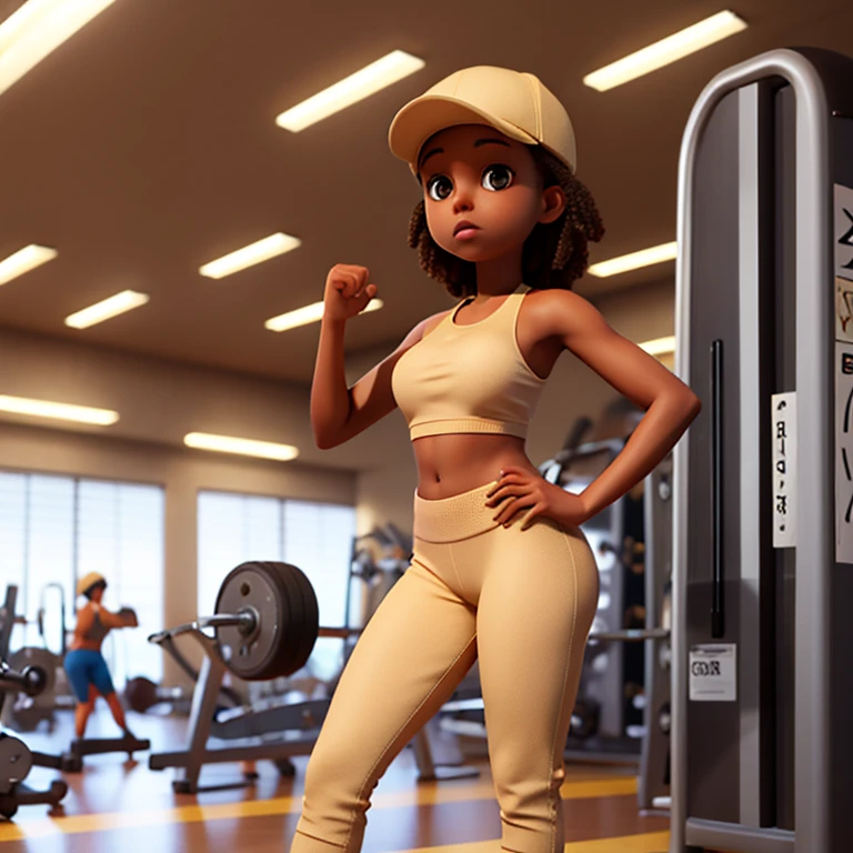 melanin girl at the gym wearing beige and a beige cap,standing
