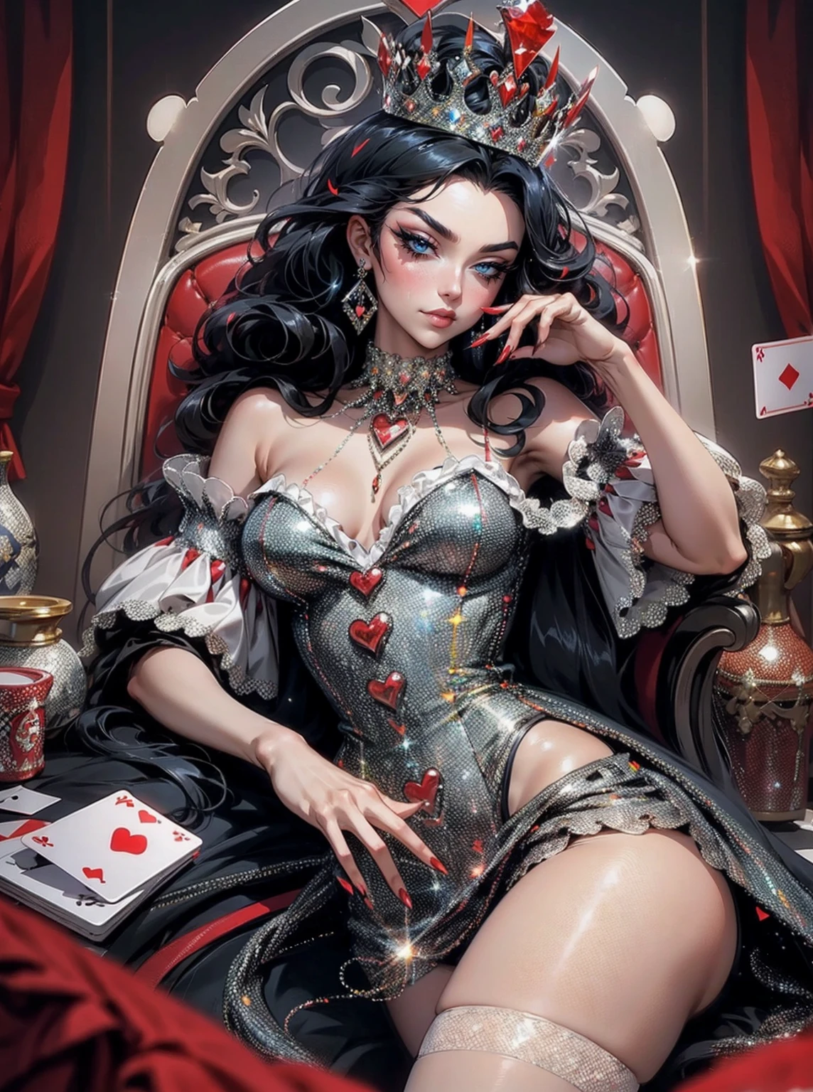 Em um luxuoso cassino, A stunning woman wears an exquisite dress adorned with heart symbols, embodying the royal presence of the Queen of Hearts. Surrounded by a backdrop of poker cards and chips, She exudes confidence and seduction, convidando os jogadores a testar sua sorte e habilidades no jogo de azar. com cabelos curtos, enrolados, cabelos vermelhos (queen of hearts), portrait