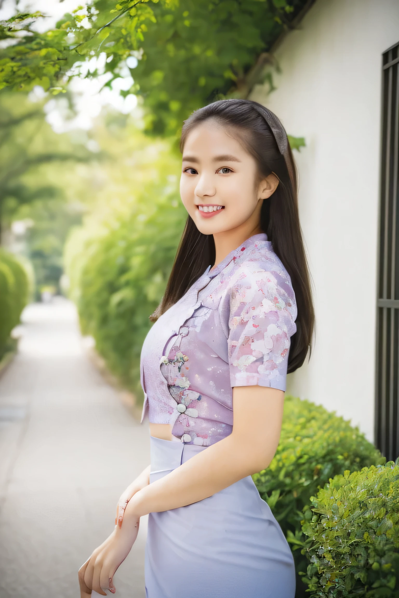 Highly detailed illustrations, girl are standing up on the street, background have yellow flowers trees. Face is smiling and shape like that Vshape face. Long hair. Sunset color. acmm ss outfit, wearing acmm top, light purple acmm top, short sleeves, buttons, wearing acmm long skirt, white and pink with printed acmm long skirt