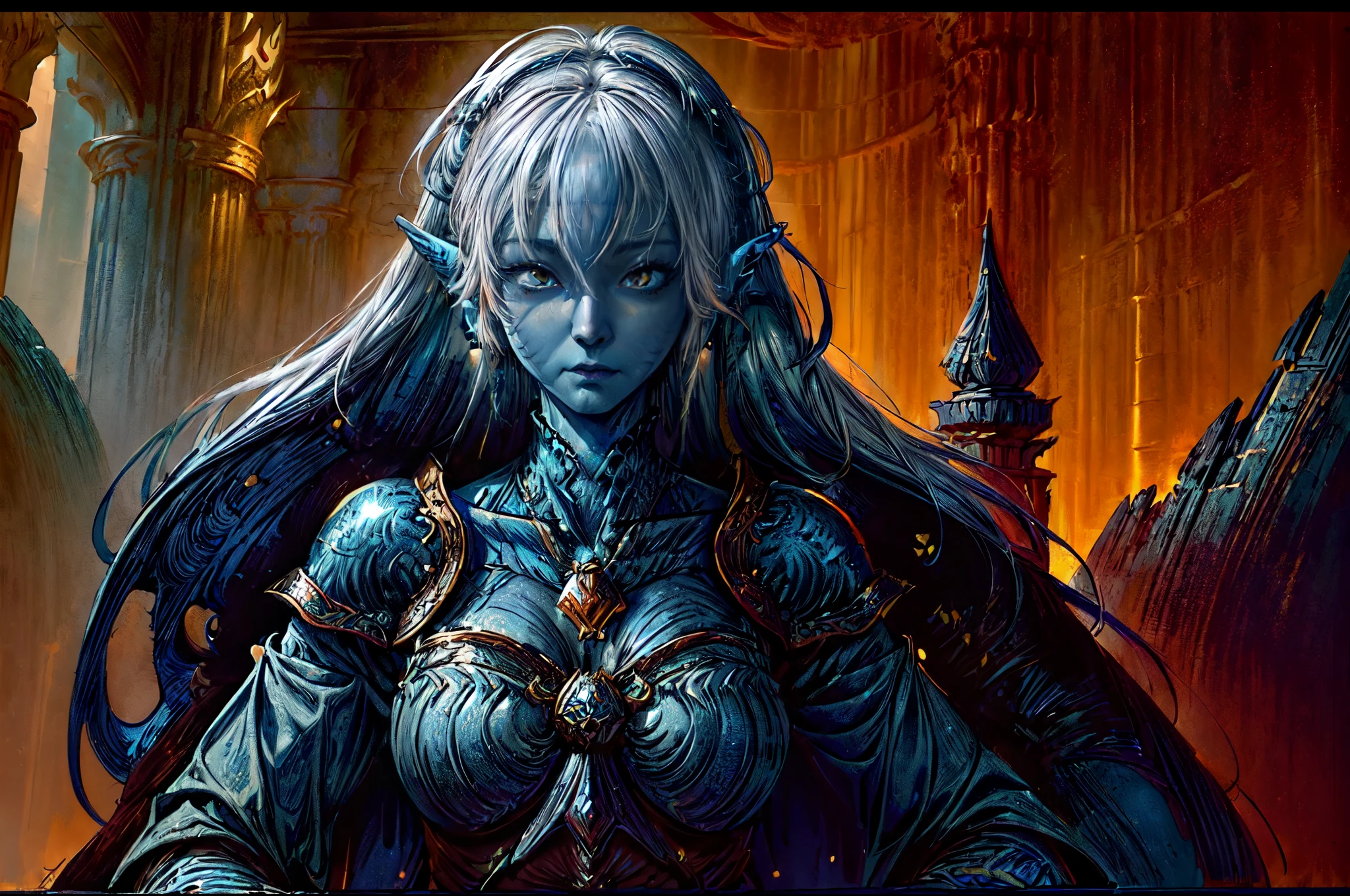fantasy art, dnd art, RPG art, wide shot, (masterpiece: 1.4) portrait, intense details, highly detailed, photorealistic, best quality, highres, portrait a vedalken female (fantasy art, Masterpiece, best quality: 1.3) ((blue skin: 1.5)), intense details facial details, exquisite beauty, (fantasy art, Masterpiece, best quality) cleric, (blue colored skin: 1.5) 1person blue_skin, blue skinned female, (white hair: 1.3), long hair, intense green eye, ((no ears: 1.6)), fantasy art, Masterpiece, best quality) armed a fiery sword red fire, wearing heavy (white: 1.3) half plate mail armor, wearing high heeled laced boots, wearing an(orange :1.3) cloak, wearing glowing holy symbol GlowingRunes_yellow, within fantasy temple background, reflection light, high details, best quality, 16k, [ultra detailed], masterpiece, best quality, (extremely detailed), close up, ultra wide shot, photorealistic, RAW, fantasy art, dnd art, fantasy art, realistic art,((best quality)), ((masterpiece)), (detailed), perfect face
