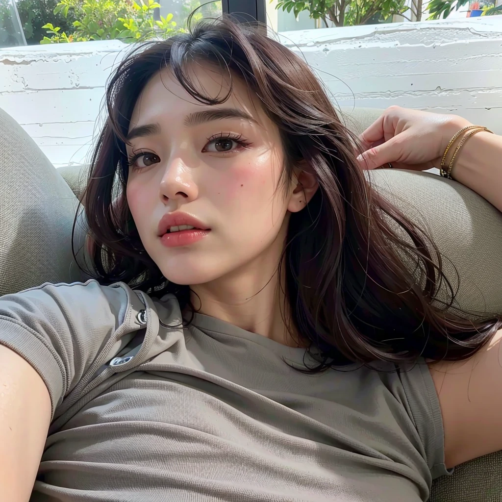 there a woman lying on a sofa with her arm resting on her chest, bae suzy, hermosa mujer surcoreana, heonhwa choe, hermosa joven coreana, jaeyeon nam, gemma chen, hermosa joven coreana, imagen filtrada, wenfei ye, Gemma Chan, Hye Kyo song, gongbi, sin maquillaje, muchacha coreana