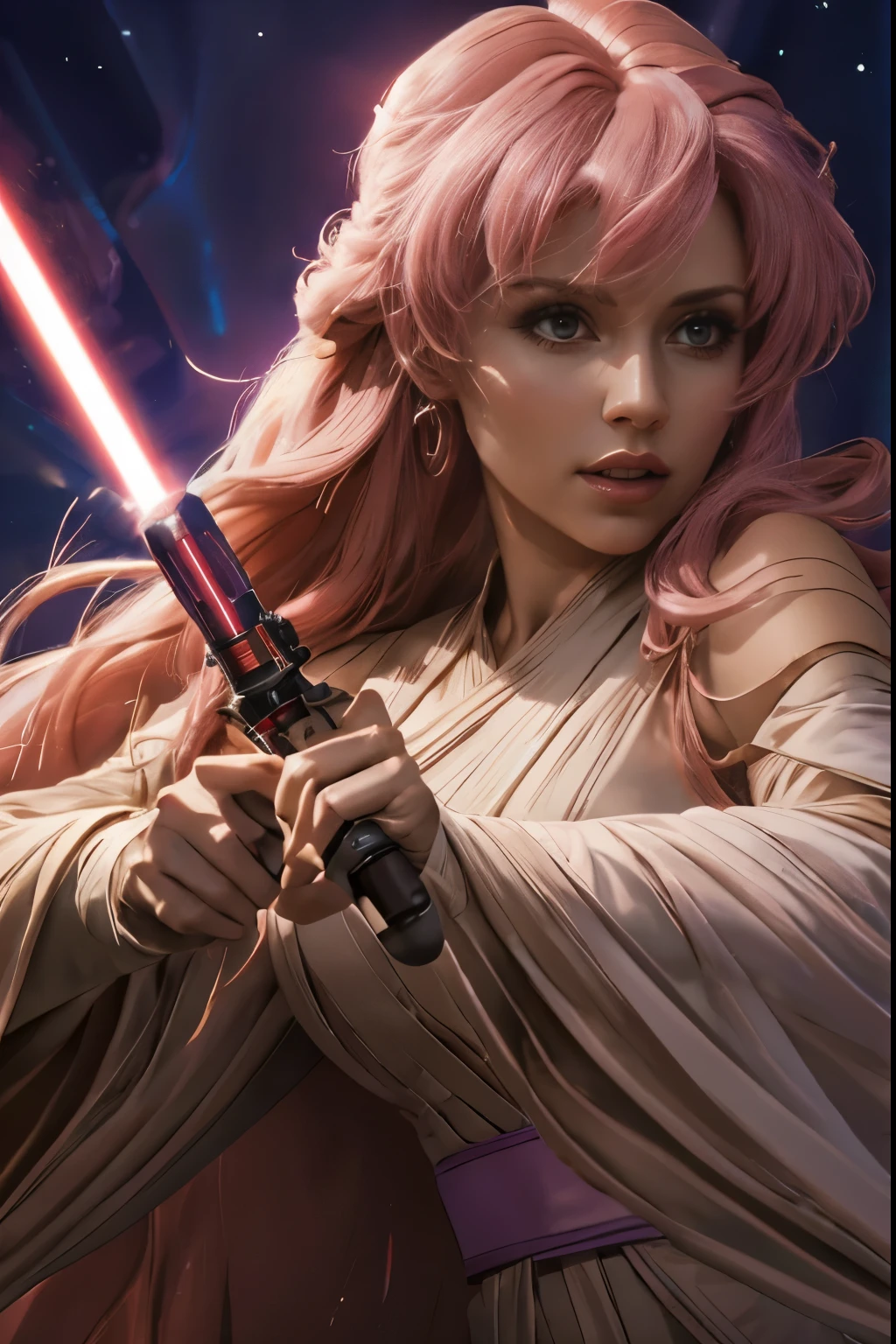 "(best quality,highres),sexy female jedi knight,beautiful detailed eyes, long pink hair, long eyelashes light tan robe, holding a purple lightsaber, portraits,star wars background,vivid colors,studio lighting"