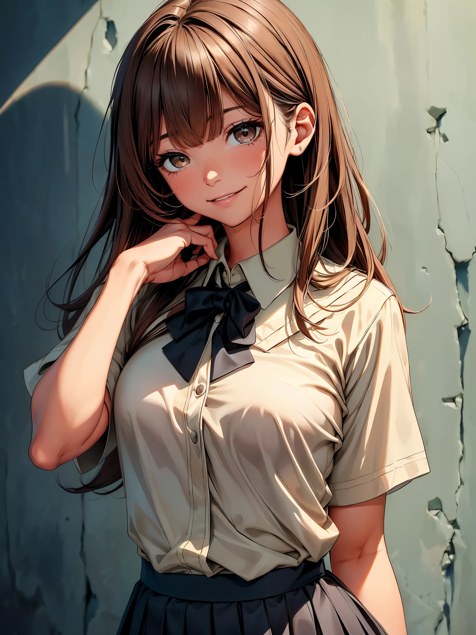 (8K, RAW photo, 最high quality, muste piece: 1.2), High-definition RAW color photo, Professional photo shoot, cinematic light, alone, (((young woman, gal))), (垂れeye), (small face), (high detail skin: 1.2), clavicle, cute face, beautiful eyes, long eyelashes, (rainbow hair, Brownい瞳), (beautiful breasts:1.5),(thin:1.4), very detailed顔と肌の質感, 詳細なeye, double eyelid, カメラを横eyeで見る, ((brown hair, shortcut, Bangs are long on one side)), thinボディ, ((smile:1.2)), big breasts, normal hip joint, Brown_eye, cowboy shot, (Private High School Uniforms), ((Concrete wall background)), 見つめるeye, beautiful skin, shiny skin, wet skin, wet hair, perfect fingers, five fingers, anatomically correct, background bokeh, high quality, surreal, bright colors, ((very detailed, photo shoot)),