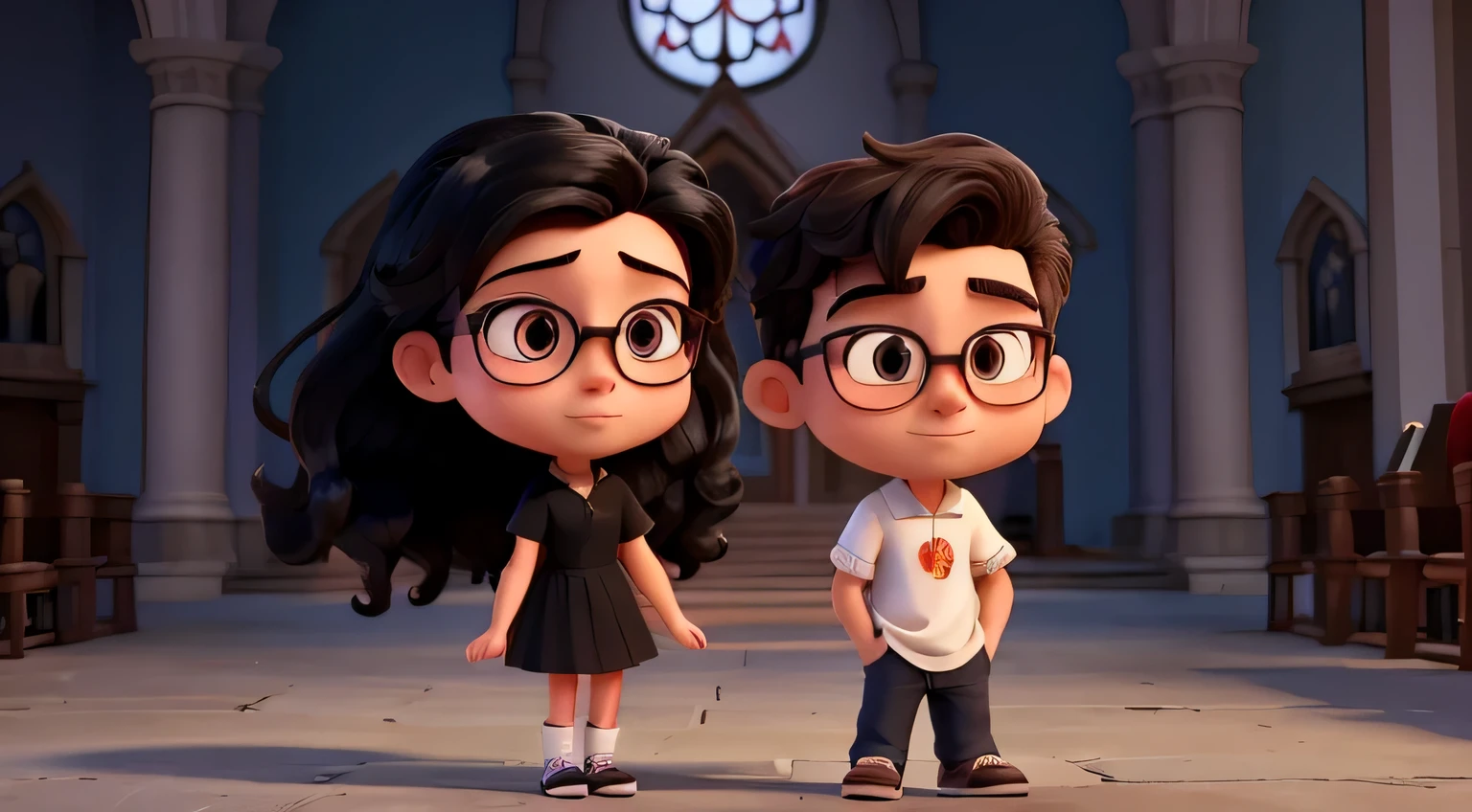 Desenhe um jovem casal, ambos com 22 anos. The woman has Preto skin, Preto, direto, e cabelos longos, um nariz ligeiramente achatado, um sorriso encantador, and wears glasses. She is dressed in a beautiful red dress, um colar dourado, and a Preto watch. Her height is 1.60m, com um corpo bonito e proporcional. The man is tall, parado em 1.82 million, forte, com olhos ligeiramente puxados, Preto wavy hair in a modern cut, e usa um brinco. He is wearing a Preto polo shirt paired with jeans. There&#39;s a small tattoo on his left arm, on the forearm.

Both are in front of a church. The woman is scared by the presence of a dog, showing an expression of surprise and fear. O homem fica constrangido, com o rosto vermelho. The scene must be drawn in the charming style of Disney and Pixar animations, capturing the emotion and beauty of the moment."

Feel free to use this description in your art project!