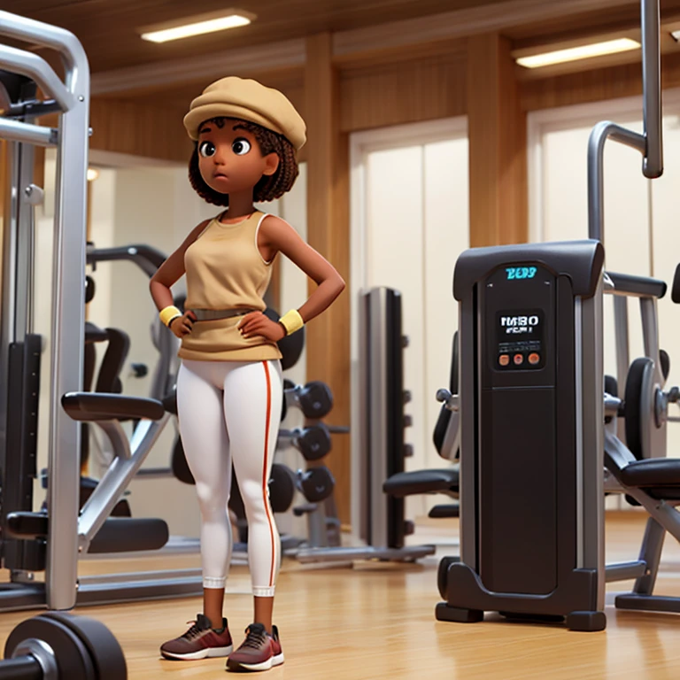melanin woman at the gym wearing beige and a beige cap,standing alone, detailed