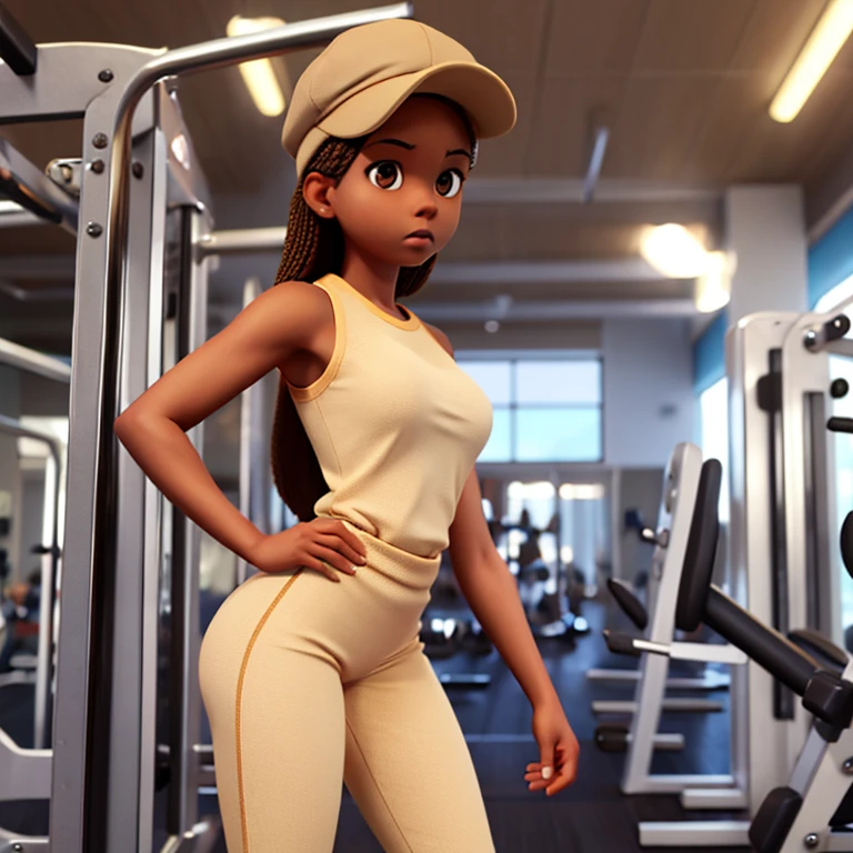 melanin woman at the gym wearing beige and a beige cap,standing alone, detailed 