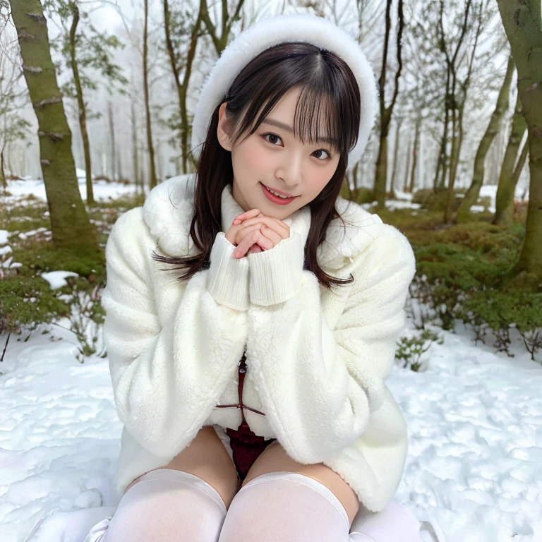 ((group photo:1.37, 2 girls:1.3, playing around in snowy field in forest:1.3, holding cute snow rabbit:1.5)), Nordic, ((matured girl wearing Sexy white outfits:1.3, cable knit sweater:1.3, close to viewers:1.37, harass sexually:1.25)), a matured woman with long black hair and a white outfit, white winter coat with bore, knit scarf, green ribbon, knee length long boots, white and green winter outfits, Christmas wreath, white bags on a sled, wearing dark green pencil skirt:1.3, full bodyesbian, fine details, beautiful anime illustration, 26 years old, (milf:1.air:1.5)), (sfw:1.25), (sagging breast, fuge breasts, big tits, thin waist, big ass:1.2), Raised sexy, (dark mahogany medium short hair, updo, hair over one eye, asymmetric hair, Carly hair, low tied braidusulman, white Headscarfs, hair bands, head vandage, Turban), (ultra high resolution, 8K RAW photo, photo realistics, thin outline:1.3, clear focuest qualtiy, natural lighting, textile shading, blurry back ground, depth of field, bokeh, (Bright fine pupils:1.2, high detailed beautiful eyes with highlight:1.3, super detailed eyes, high detailed face), Red lip, fine realistic skins:1.1, looking at viewers:1.3, (dutch angle:1.3, full body:0.3, front view:0.6, tigh focus:1.3, from below:1.4), (multi posing:1.3, sexy posing:1.3, sitting on ground:1.4, kneeling:0.2, leaning forward:1.4), (seductive, laughing:1.4), centered image:0.2, (wearing white long coat with bore and clotheare breast:1.2), gold ornaments, rolling red clothes around waist, dark brown long leather boots:1.3, translucent lace pantyhose), (((correct anatomy:1.5, perfect hands:1.5, ideal ratio body proportions:1.37))), (in a night:1.3), outdoors:1.6, under starry sky:1.2,