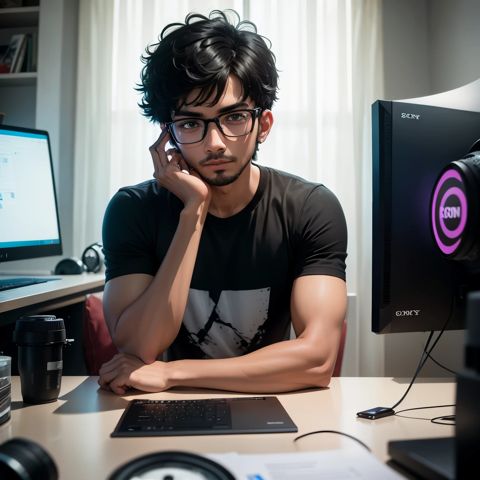 there is a 22year boy with glasses looking down black t-shirt behind him computer hologram, with accurate face, captured on canon eos r 6, shot on nikon z9, portait photo profile picture, mohamed chahin style, portrait shot 8 k, inspired by Bikash Bhattacharjee, soft portrait shot 8 k, jayison devadas, taken with sony alpha 9, assamese aesthetic