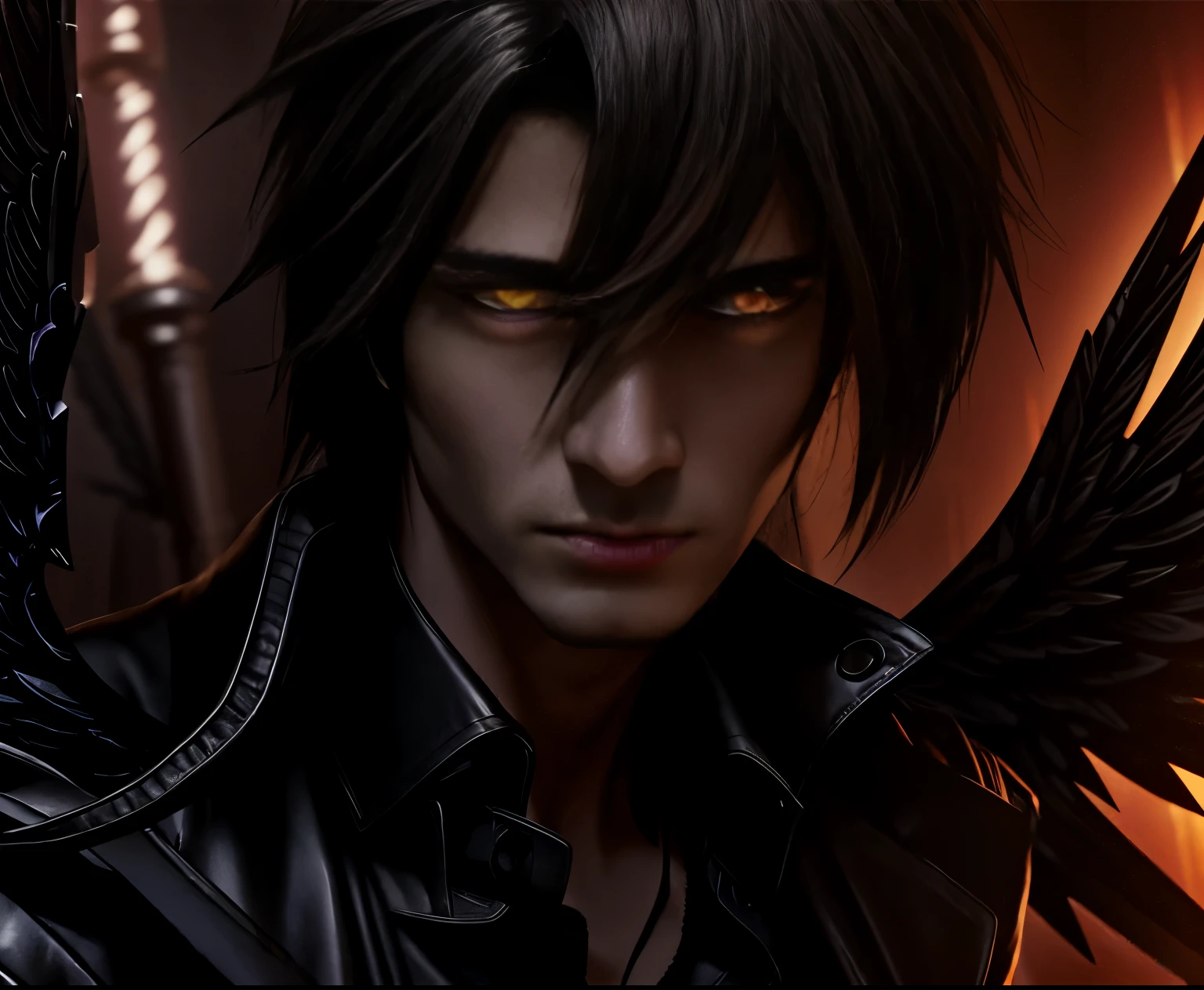 man in a leather jacket with wings, demon male, profile picture, dark angel,  Fantasy, archangel, Winged Boy, seductive cyberpunk dark Fantasy, wingantasy demonic style, human man demon, Autumn angel, black wings instead of arms, winged human, man man demon, Epic Angel Wings, male vampire, Lucifer, Fantasy leather clothing