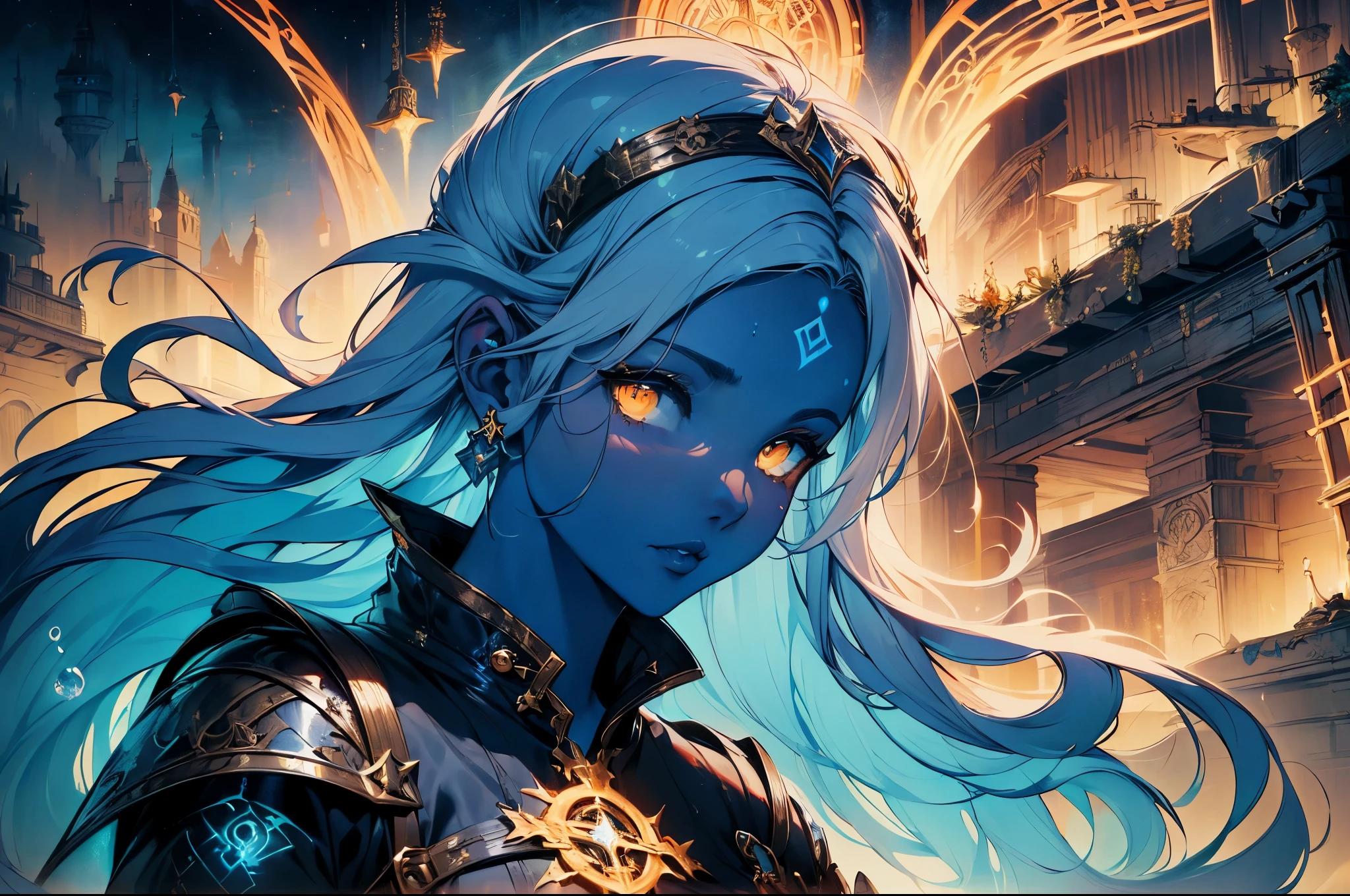 fantasy art, dnd art, RPG art, wide shot, (masterpiece: 1.4) portrait, intense details, highly detailed, photorealistic, best quality, highres, portrait a vedalken female (fantasy art, Masterpiece, best quality: 1.3) ((blue skin: 1.5)), intense details facial details, exquisite beauty, (fantasy art, Masterpiece, best quality) cleric, (blue colored skin: 1.5) 1person blue_skin, blue skinned female, (white hair: 1.3), long hair, intense green eye, ((no ears: 1.6)), fantasy art, Masterpiece, best quality) armed a fiery sword red fire, wearing heavy (white: 1.3) half plate mail armor, wearing high heeled laced boots, wearing an(orange :1.3) cloak, wearing glowing holy symbol GlowingRunes_yellow, within fantasy temple background, reflection light, high details, best quality, 16k, [ultra detailed], masterpiece, best quality, (extremely detailed), close up, ultra wide shot, photorealistic, RAW, fantasy art, dnd art, fantasy art, realistic art,((best quality)), ((masterpiece)), (detailed), perfect face