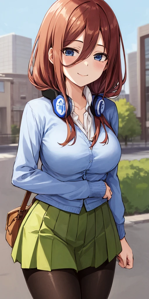 2d, masterpiece, best quality, anime, highly detailed, 1girl, solo, cowboy shot, nakano miku, brown hair, hair between eyes, blue cardigan, headphones, pantyhose, collared shirt, green skirt, miniskirt, medium breasts, standing, school, outdoors, smile