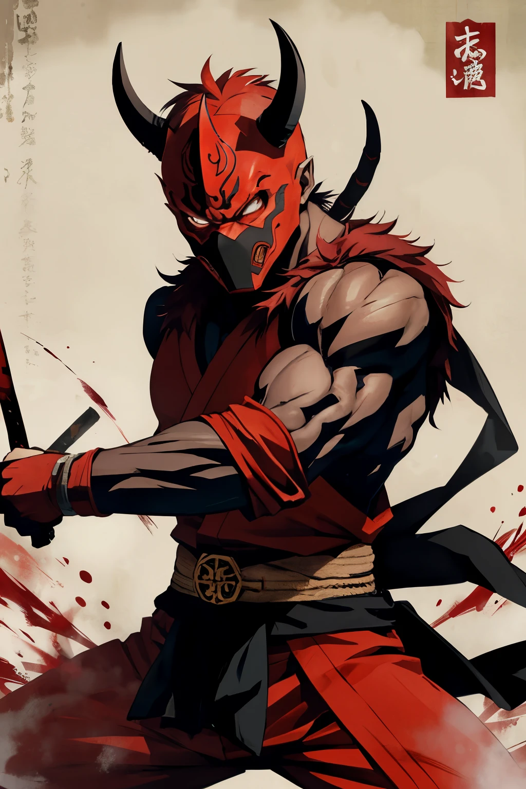 oni mask, ninja, oriental, red skin, light clothes, terror, demon, male, dark, oriental style, japanese painting, orcish body, oriental background, battle pose