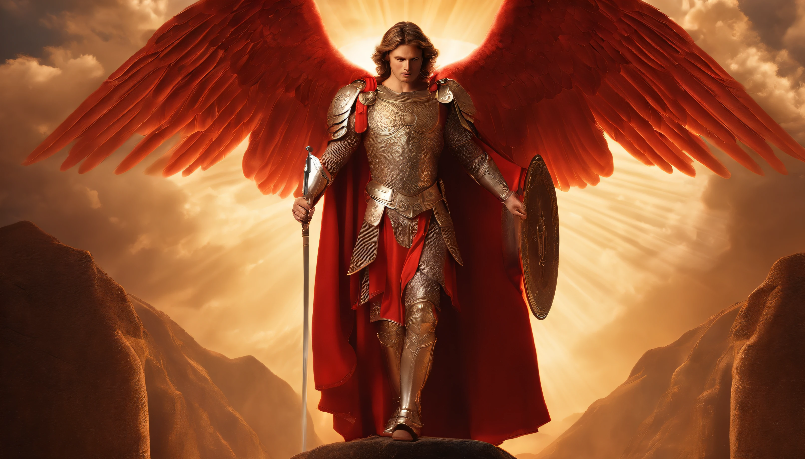 personagem masculino, arcanjo Miguel, Astronomical images, detalhes intrincados, realista, asas vermelhas e grandes, Angelic background, Catholic illustration image of arcanjo Miguel, Male characters in the Bible, Miguel usa armadura de anjo, cosmic background, Archangel and backlighting, Imagem de corpo inteiro de um anjo, Maximum detail and his angelic face and wings, Pele perfeita realista, A mais alta qualidade de imagem, Miguel He is highlighted in the image in strong and striking colors.