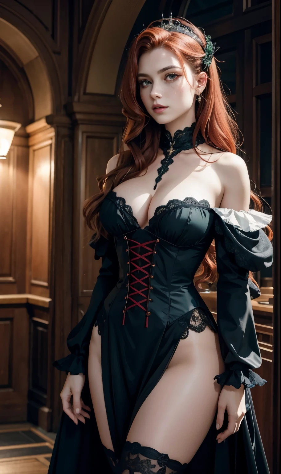 Masterpiece, detailed art, a beautiful female vampire with long red wavy hair, green eyes, freckles, white face, large breasts, childlike waist, wearing an elegant gothic outfit fit for an ancient vampire, adult female vampire, Dutch angle