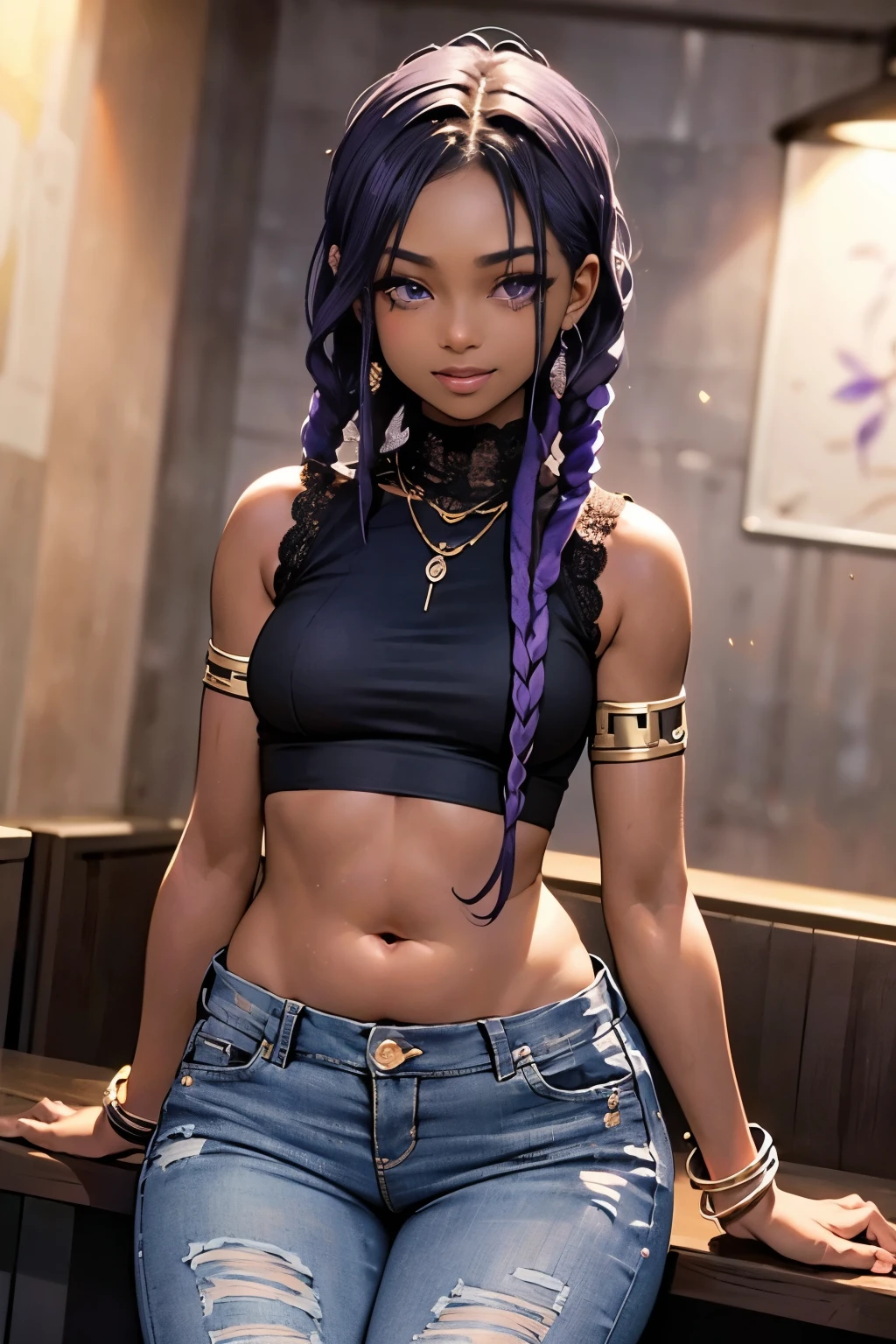 1girl, official anime art illustration, (long ((violet)) dreadlocks), violet eyes, rounded nose, (tall plump dark-skinned Haitian mature woman inside omakase restaurant), small breasts, (wearing sleeveless lace and silk crop top), tatoo above navel, golden armlets and bracelets, ripped skinny jeans, plump thighs, waist beads, smile, perfectly photorealistic, incredibly detailed, 8k, UHD, masterpiece, best quality, ultra detailed, intricate,