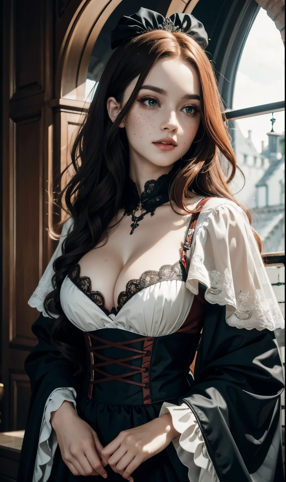 Masterpiece, detailed art, a beautiful vampire with long red wavy hair, green eyes, freckles, white face, large breasts, childish waist, wearing an elegant gothic outfit typical of an ancient vampire, adult vampire woman, hungry look, sinister night , dutch angle