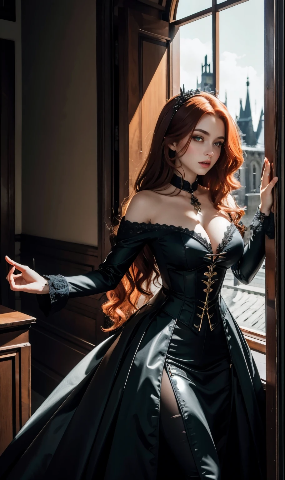 Masterpiece, detailed art, a beautiful vampire with long red wavy hair, green eyes, freckles, white face, large breasts, childish waist, wearing an elegant gothic outfit typical of an ancient vampire, adult vampire woman, hungry look, sinister night , dutch angle