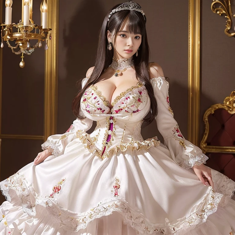 ((anime art style)),(masutepiece),(Best Quality), (Super Detail),((Very delicate and beautiful)),(((Solo))),(One princess in a gorgeous rococo ball gown dress with beautiful embroidery and jewels and voluminous full-length hoop skirts and tuck-up skirts)),Royal Bedroom,(((Dress Skirt Lift Yourself))),((((Gorgeous embroidery and lace panties with jewels,Cameltoe)))),Garter Belt,Focus Pantieling bling)),Long Train,(Gorgeous gemstone jewelry with sparkly),Detailed face and eyes,Eyes Like Gems,cry,((embarrassed)),((Large amount of straight hair,very voluminous and very long hair,Very long straight hair)),(((Colossal tits,long boobs))),cleavage,(gorgeous embroidery and lace),Gorgeous corsage,See-through,Very gorgeous hair ornament,Tiara adorned with sparkly and very gorgeous jewels,ornate ruffles,(hoop skirt,crinoline),((Dynamic Angle)),Looking at Viewer,((Full body)),((Very gorgeous rococo ball gown dress with beautiful embroidery and jewels and voluminous full-length hoop skirt)),Focus Panties,