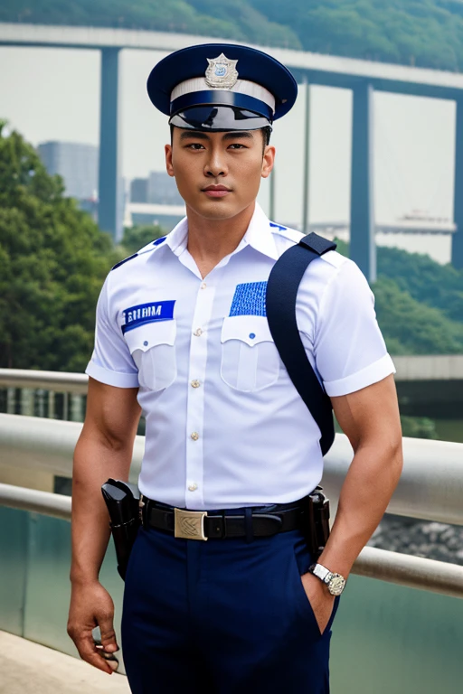 A man,top-quality、tmasterpiece、超A high resolution、(hentail realism:1.4)、详细的脸、1Human male、Dark hair、(Asian people)、(、A high resolution、ultra - detailed)、、1 male、tu)、A handsome、Tall muscular man、Shirtlesroad shoulder、extra very short hair、Thick neck、thick eyebrow、extra very short hair、brunette color hair、full bodyesbian,highway background,musculous、A handsome、, Best quality, (photographrealistic:1.4)、(((police officers)))、(Chinese police), a chinese male,In China,Police pants,handcuff,truncheon, On the left hand,police hat,On the ground