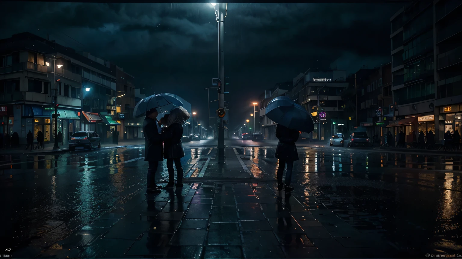 (high quality), (best quality), (realistic), (cinematic lights), (atmospheric sight), (perfect eyes), (sharp face), (blue lights), (volumetric mist), (rain), (waterreflections), people standing at the trafficlight, and wait of greenlight, they have´s umbrellas, on the left side is the skyline, (night), (HDR), 35mm
