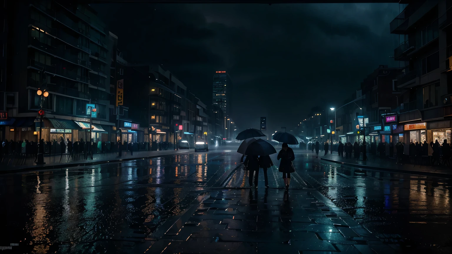 (high quality), (best quality), (realistic), (cinematic lights), (atmospheric sight), (perfect eyes), (sharp face), (blue lights), (volumetric mist), (rain), (waterreflections), people standing at the trafficlight, and wait of greenlight, they have´s umbrellas, on the left side is the skyline, (night), (HDR), 35mm
