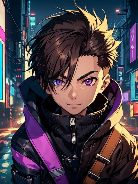 (((2d art style))), masterpiece, anime style, (( boy with white skin)), ((wearing a black purple jacket)), (((brown eyes))), (((finely detailed eyes))), (short brown hair), looking to the camera, pov, full face, ((night cyberpunk city)), cyan, purple, black, smile on face, realistic shadow, detailed shadow, realistic light, detailed light, contour light, pixiv, artstation, super detailed