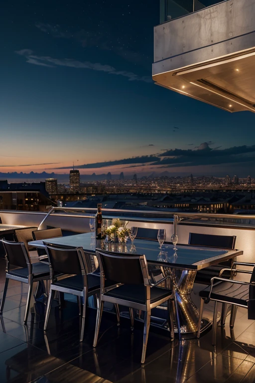stunning first plane of metallic chromed table supirfice on a slick rooftop bar terrace with the classic iconic panoramic view of manhatan in the background in the night, best quality, 8k. premium wallpaper, hdr+, incredible professional photo masterpiece,