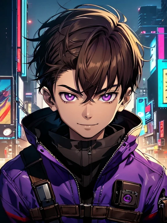 (((2d art style))), masterpiece, anime style, (( boy with white skin)), ((wearing a black purple jacket)), (((brown eyes))), (((finely detailed eyes))), (short brown hair), looking to the camera, pov, full face, ((night cyberpunk city)), cyan, purple, black, smile on face, realistic shadow, detailed shadow, realistic light, detailed light, contour light, pixiv, artstation, super detailed