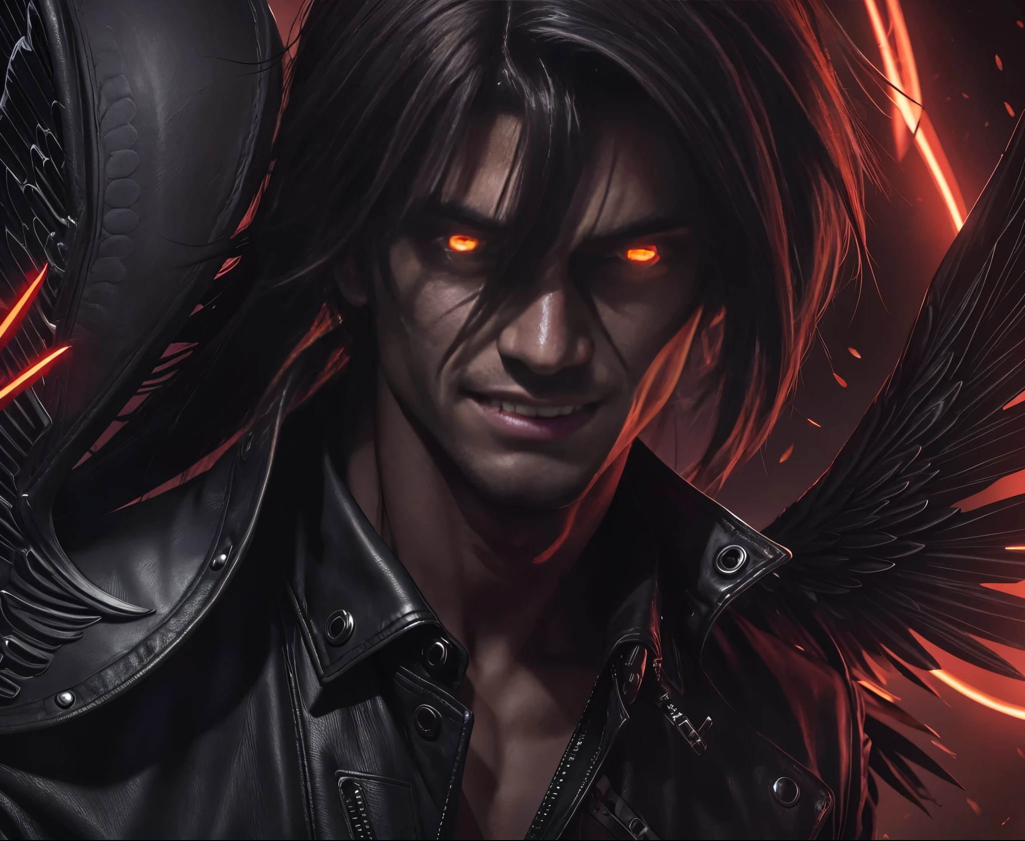 a man in a leather jacket with an evil grin and wings, demon male, dark angel, Fantasy, archangel, seductive cyberpunk dark Fantasy, demonic style, Male demon, Autumn angel, black wings instead of arms, winged human, мужчина Male demon, Lucifer