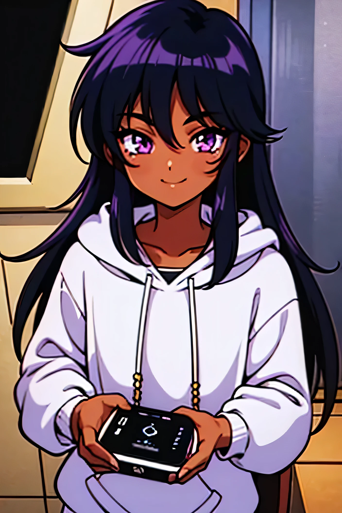 1girl, tanned skin, mysterious, long black hair, purple eyes, sparkles on face, stars, pastel colors, wearing oversized white hoody, high res, ultrasharp, 8k, masterpiece, looking at viewer, sleepy eyes, smile, retro look, rpg, gamer girl, streamer