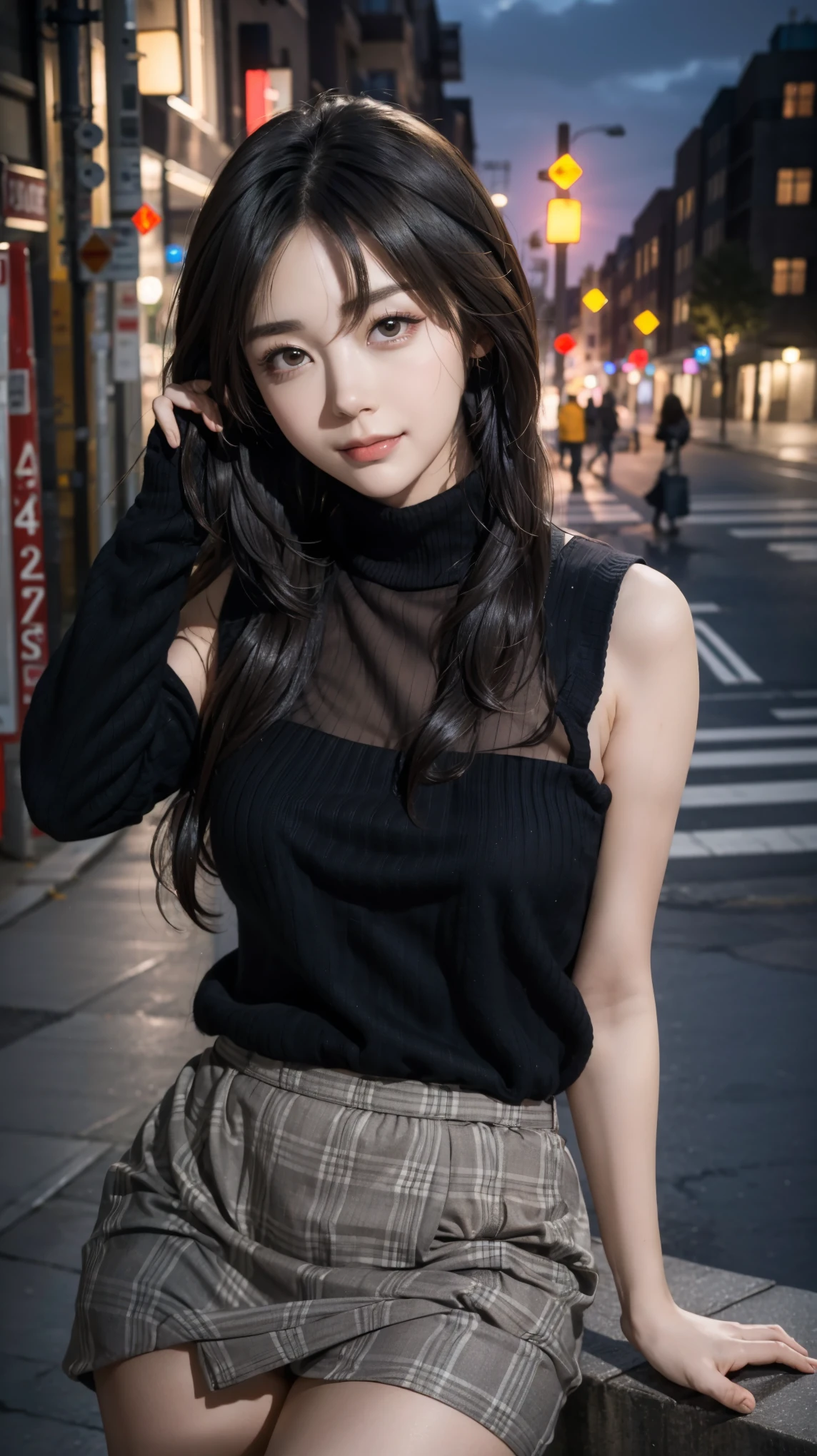 photorealistic, masterpiece, best quality, raw photo, night situation:1.5, at street side, dark street, 
BREAK,
1girl, biggest breasts:1.38, gigantic breasts:1.38, disproportionate breasts:1.38, medium-length hair, brown hair, (extremely pretty and beautiful Japanese actress face:1.3, Korean actress face:1.3, beautiful clean face), 
BREAK, 
attractive look, shiny-red turtleneck see through sweater, sleeveless, black plaid-pattern- see through skirt,   
BREAK, 
looking at viewer, standing at the wall, attractive posing, seductive smile, :d, cinematic lighting, at night, in the dark, deep shadow, at night, natural shading, low key, intricate detail, detailed skin, pore, highres, hdr, 4k, realistic,