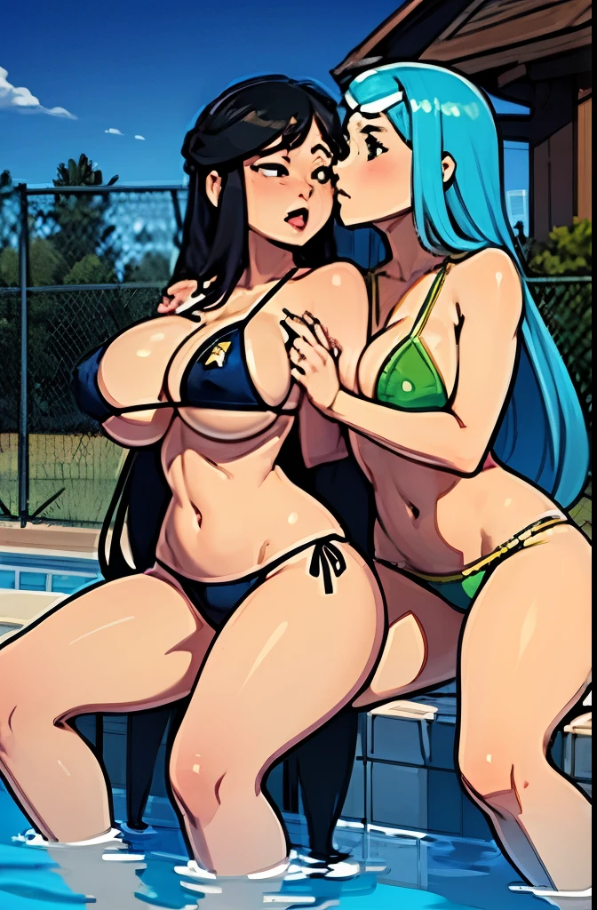 2girls, extra long hair, {{{GIGANTIC}}} breasts, kissing, fondling breasts, in swimming pool, bikini