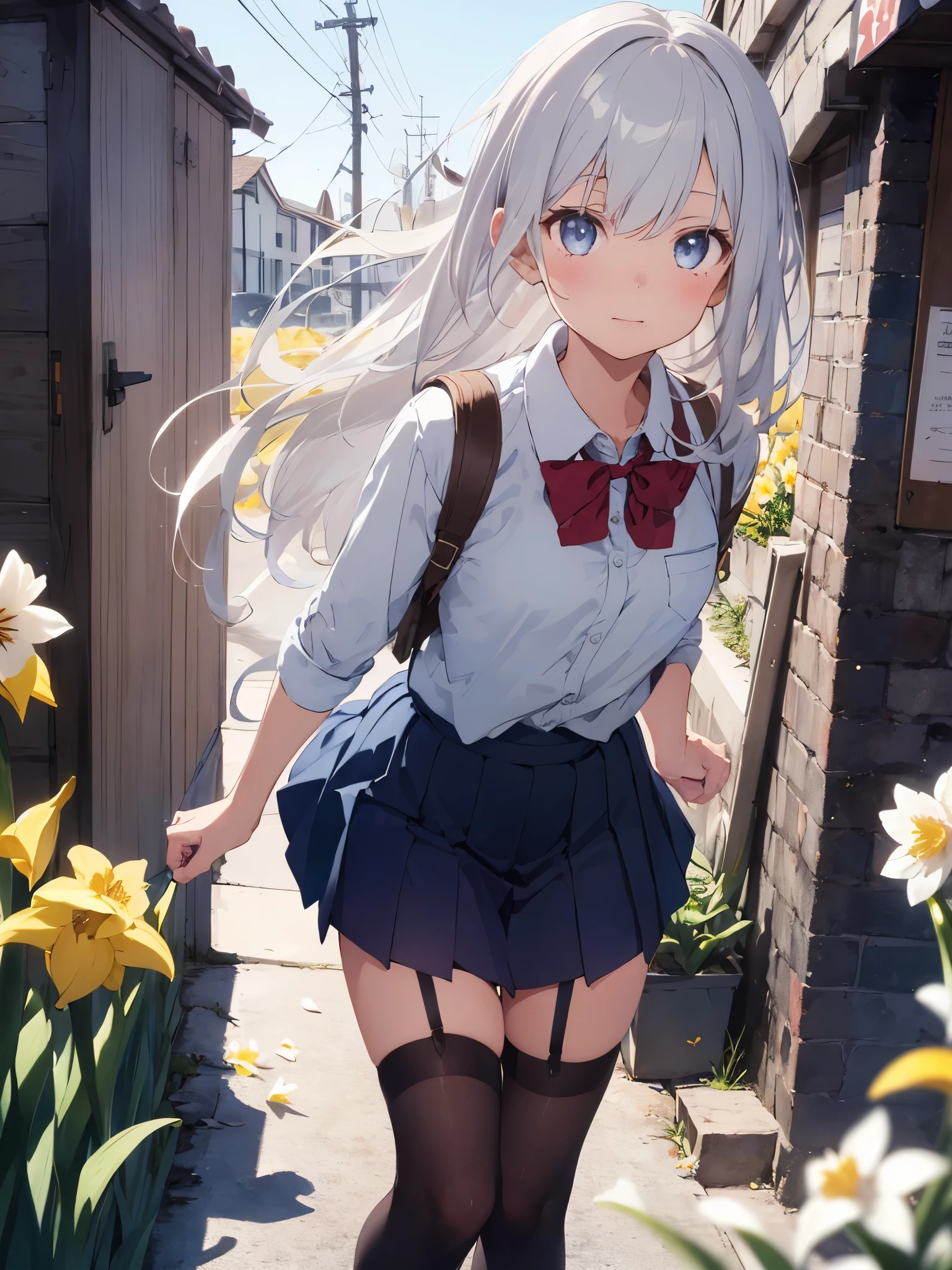 masterpiece, highest quality, Very detailed, 16k, Ultra-high resolution, 22-year-old woman, Detailed face, (blush:1.5), (Embarrassing:1.6), Super big boobs, blue eyes, Silver Hair, Long Hair, Braid, Red ribbon on head, Black maid outfit, blue sky, Luxurious Western-style building, garden, Red Rose, (Skirt flip:1.7), (Hold up your skirt with both hands:1.7), Yellow panties, Cute Panties, (from below:1.5), (Roll-up skirt:1.3), (Full-fledged panties:1.5), upright:1.3, Spread your legs:1.2