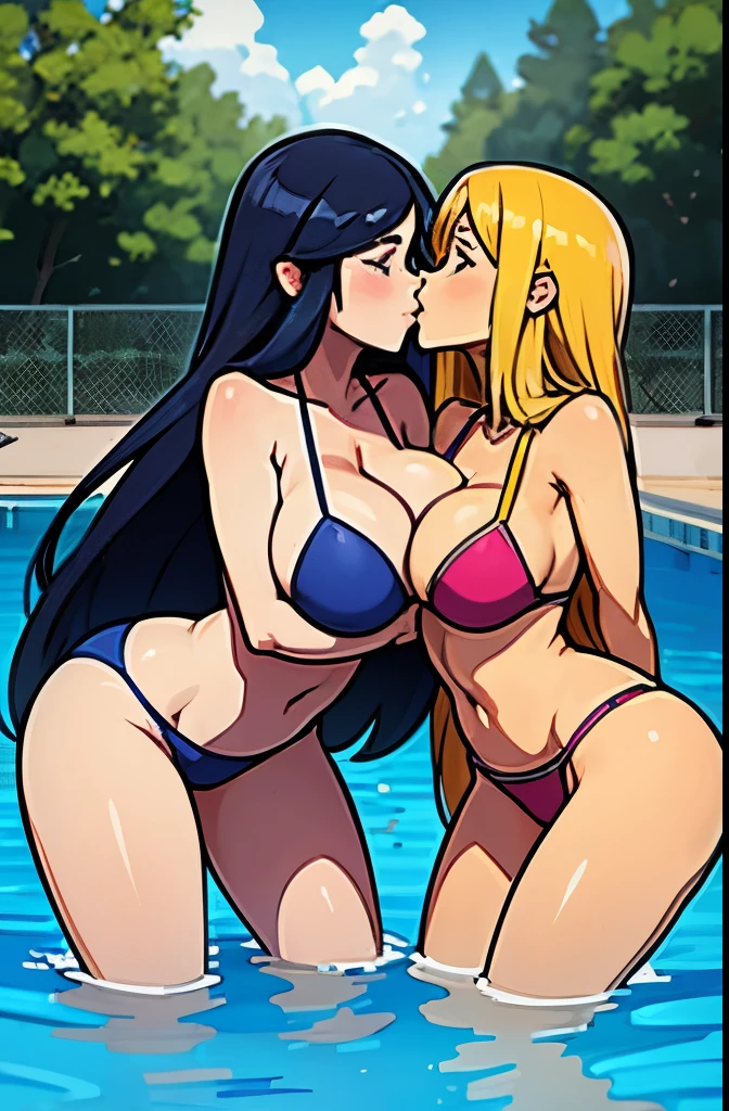 2girls, extra long hair, {{{GIGANTIC}}} breasts, kissing, fondling breasts, in swimming pool, bikini