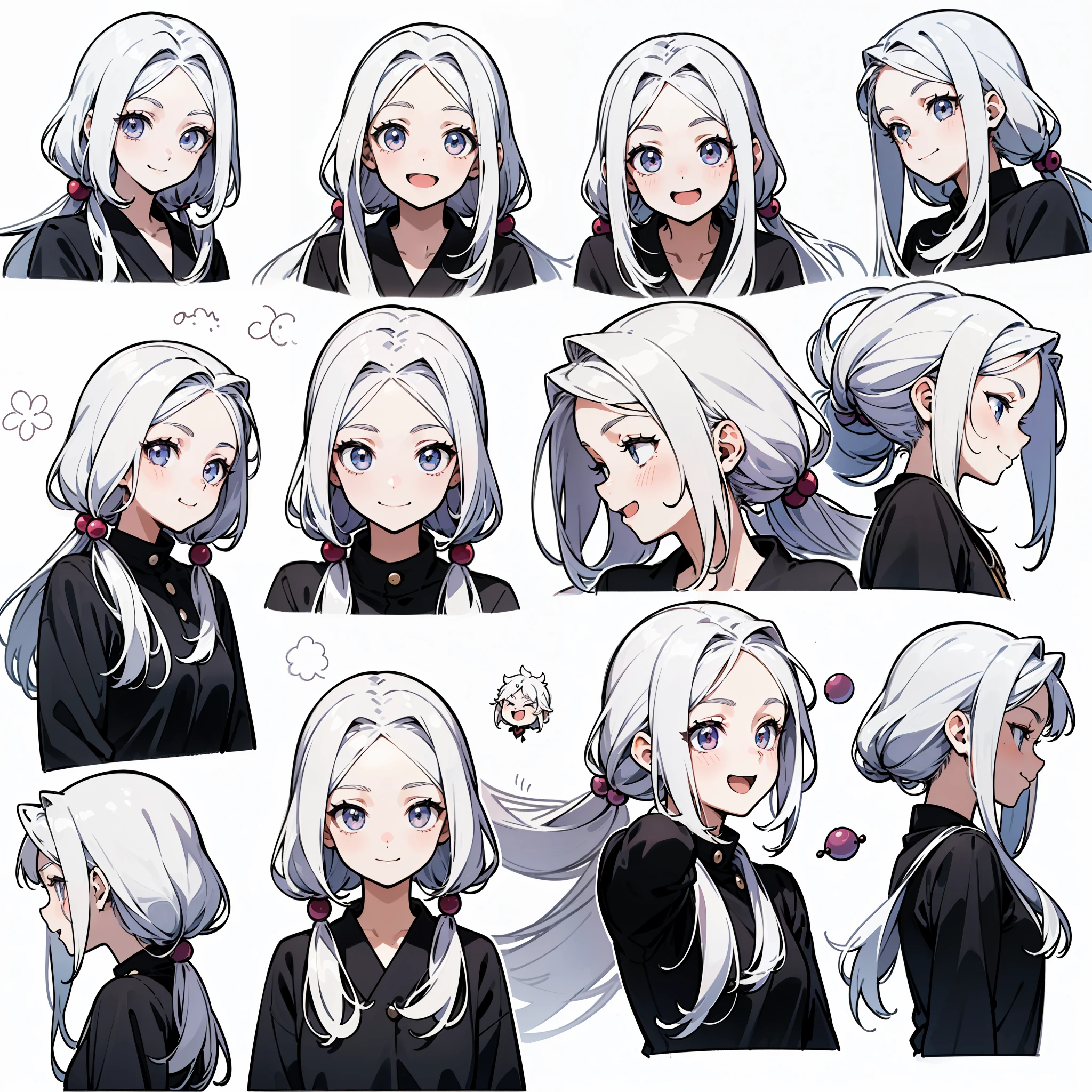 21 years old, white hair girl, Armpit length hair (((smile, Frivolous face, excited face, excited face))) Jeans and tight top, ((Odango hairstyle)) (((Detailed Character Sheet, Front view, Side view, three quarter view))) (((white background)))