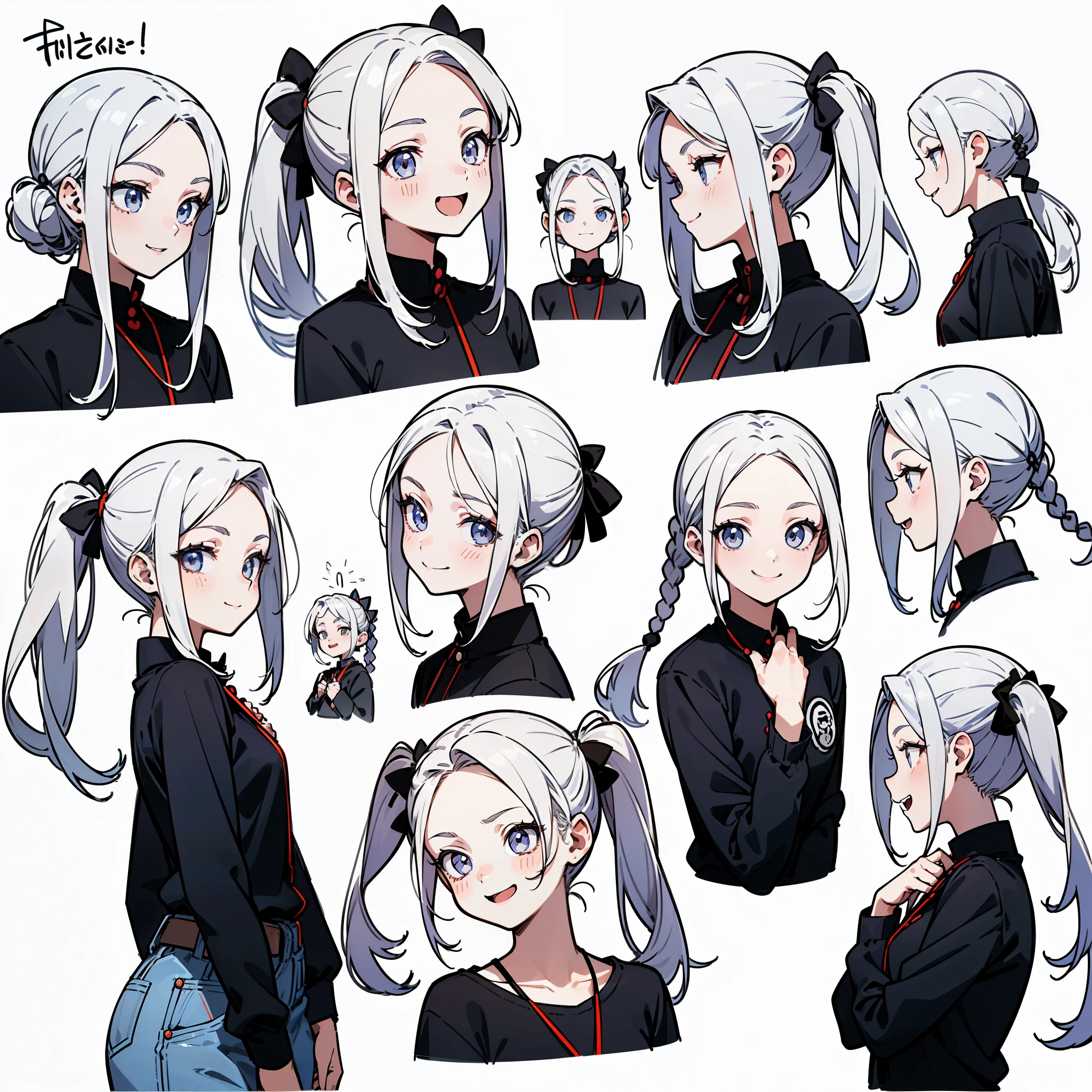 21 years old, white hair girl, Armpit length hair (((smile, Frivolous face, excited face, excited face))) Jeans and tight top, ((Odango hairstyle)) (((Detailed Character Sheet, Front view, Side view, three quarter view))) (((white background)))