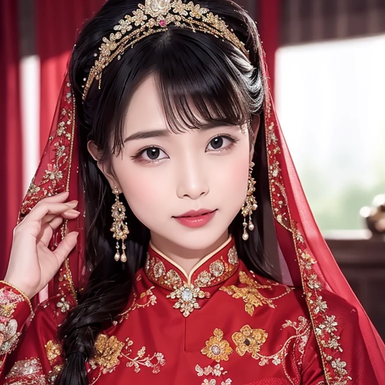 （（（Eyes are very delicate）））（（（hair accessories）））（（（veil（24））））（（（veil））），necklace，Wearing a red transparent sexy silk dress， ((skin glowing))The room  filled with Chinese New Year decorationasterpiece）））， （（best quality））， （（intricate details））， （（Surreal））（8K）