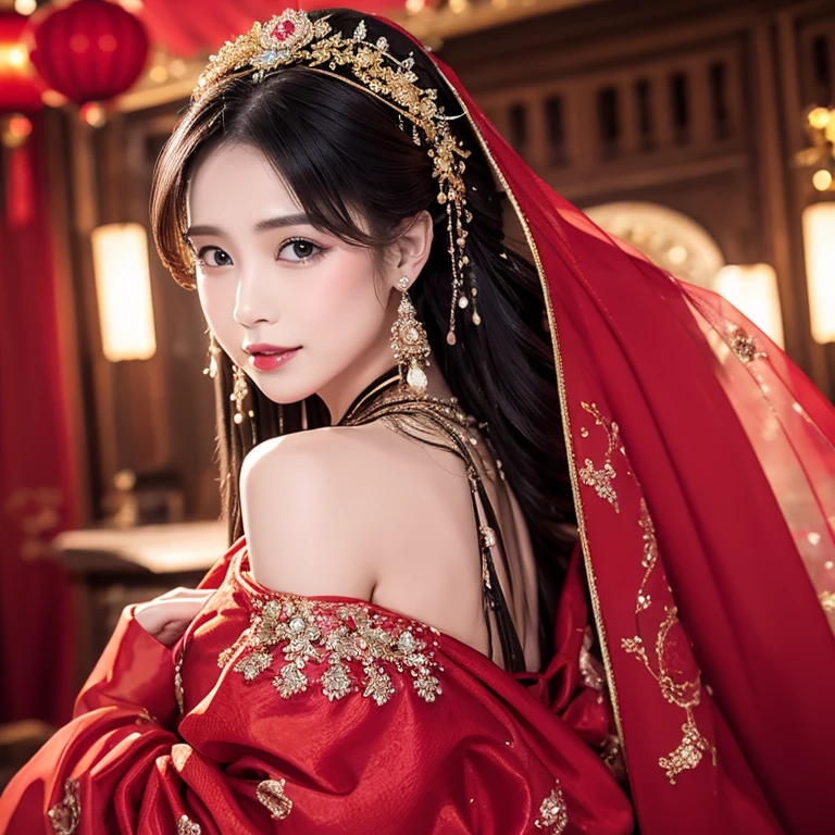 （（（Eyes are very delicate）））（（（hair accessories）））（（（veil（24））））（（（veil））），necklace，Wearing a red transparent sexy silk dress， ((skin glowing))The room  filled with Chinese New Year decorationasterpiece）））， （（best quality））， （（intricate details））， （（Surreal））（8K）