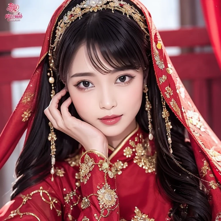 （（（Eyes are very delicate）））（（（hair accessories）））（（（veil（24））））（（（veil））），necklace，Wearing a red transparent sexy silk dress， ((skin glowing))The room  filled with Chinese New Year decorationasterpiece）））， （（best quality））， （（intricate details））， （（Surreal））（8K）