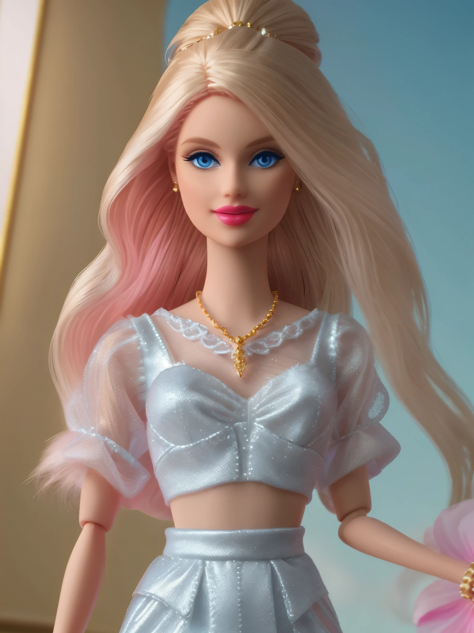 anorexic tall young european (Barbie) princess doll while walking, Delicate detailed face, flawless-silicone-skin, animated, detailed white skin texture, golden-ponytail-hair, (adorable), Clean, wide smile, belly-piercing, glowing-blue-eyes, blue colored pupil, silk pink robe, (black handbag), luxurious tiara, gloss, fresh flowers, (landscape), (ocean), mountains, pine forest, centered golden frame, center, diamond necklaces, pearls, Disney style, high resolution, official art, unreal-engine, high dynamic range, (render), cinema4d, sun ray, porcelain, (looking at viewer), makeup, red lips, depth of field, from below, masterpiece, 8K, best quality, anatomically correct,