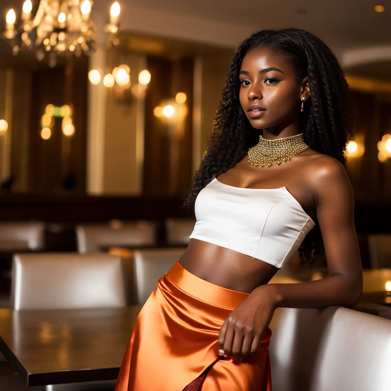 a beautiful melanin girl wearing a satin skirt and bling top standing at a restaurant