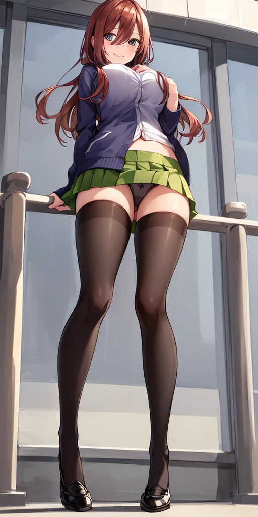 best quality, high resolution, unity 8k wallpaper, extremely detailed CG, (beautiful detailed eyes:1.6), extremely detailed face, perfect lighting, extremely detailed CG, (perfect hands, perfect anatomy), 2d, masterpiece, best quality, anime, highly detailed, 1girl, solo, cowboy shot, nakano miku, brown hair, hair between eyes, blue cardigan, headphones, pantyhose, collared shirt, green skirt, miniskirt, medium breasts, standing, school, outdoors, smile, ((from below:1.3)), ((full body:1.3)), ((show panties:1.3)),