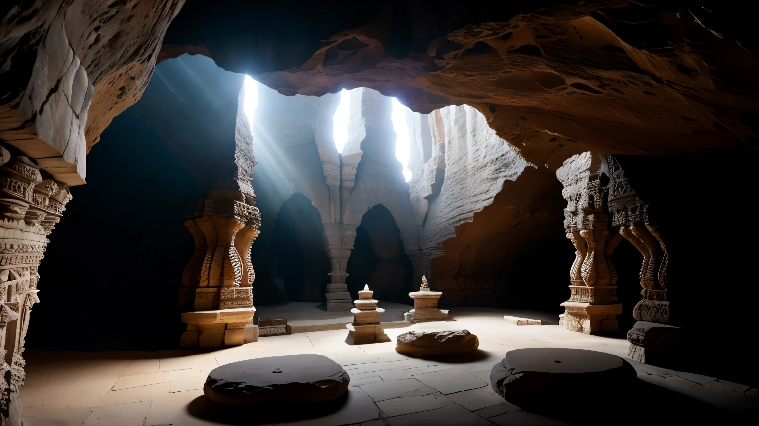 Capture the mesmerizing beauty within a vast cave, where a village of houses and temples are intricately carved into the rock walls of cave walls. Illuminate the scene with cinematic lighting, emphasizing the architectural details, and use a 28mm lens to frame the awe-inspiring grandeur. Transport your audience into this otherworldly realm where the play of light and shadow accentuates the mystical charm of the carved structures within the cave's depths.