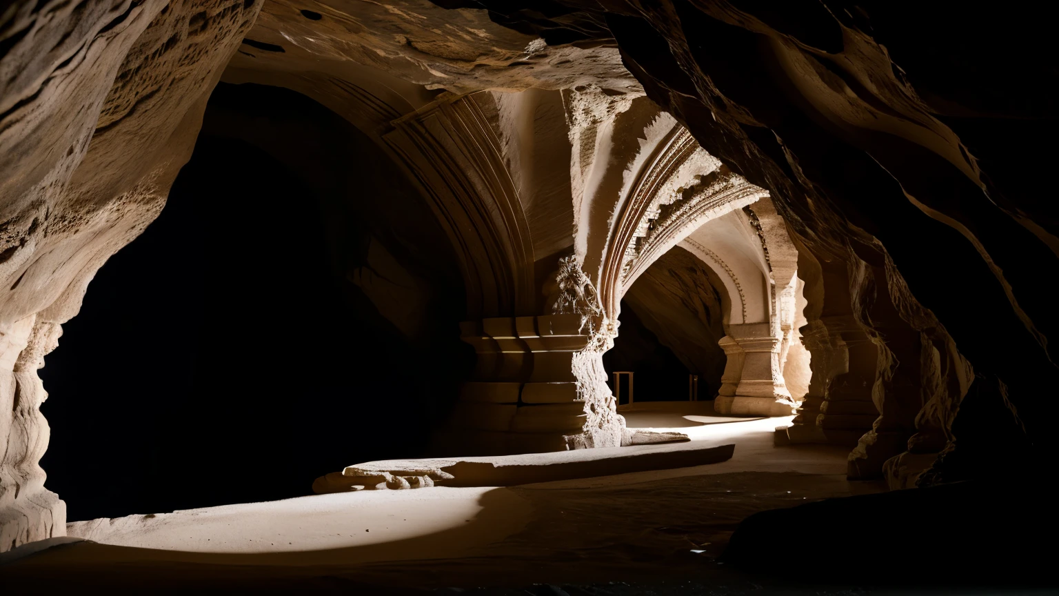Capture the mesmerizing beauty within a vast cave, where a village of houses and temples are intricately carved into the rock walls of cave walls. Illuminate the scene with cinematic lighting, emphasizing the architectural details, and use a 28mm lens to frame the awe-inspiring grandeur. Transport your audience into this otherworldly realm where the play of light and shadow accentuates the mystical charm of the carved structures within the cave's depths.