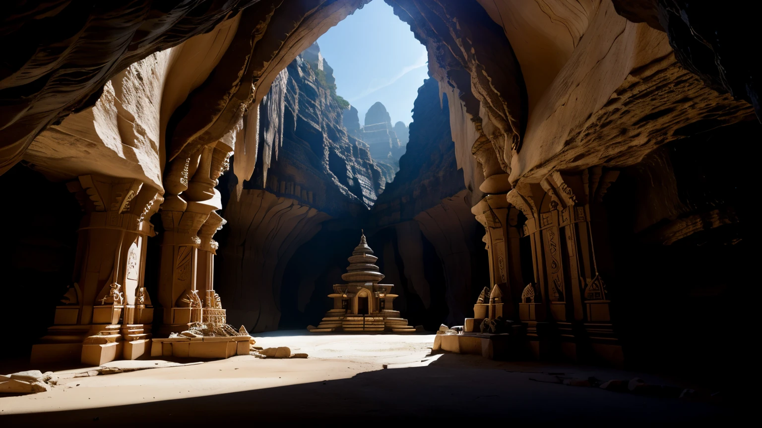 Capture the mesmerizing beauty within a vast cave, where a village of houses and temples are intricately carved into the rock walls of cave walls. Illuminate the scene with cinematic lighting, emphasizing the architectural details, and use a 28mm lens to frame the awe-inspiring grandeur. Transport your audience into this otherworldly realm where the play of light and shadow accentuates the mystical charm of the carved structures within the cave's depths.