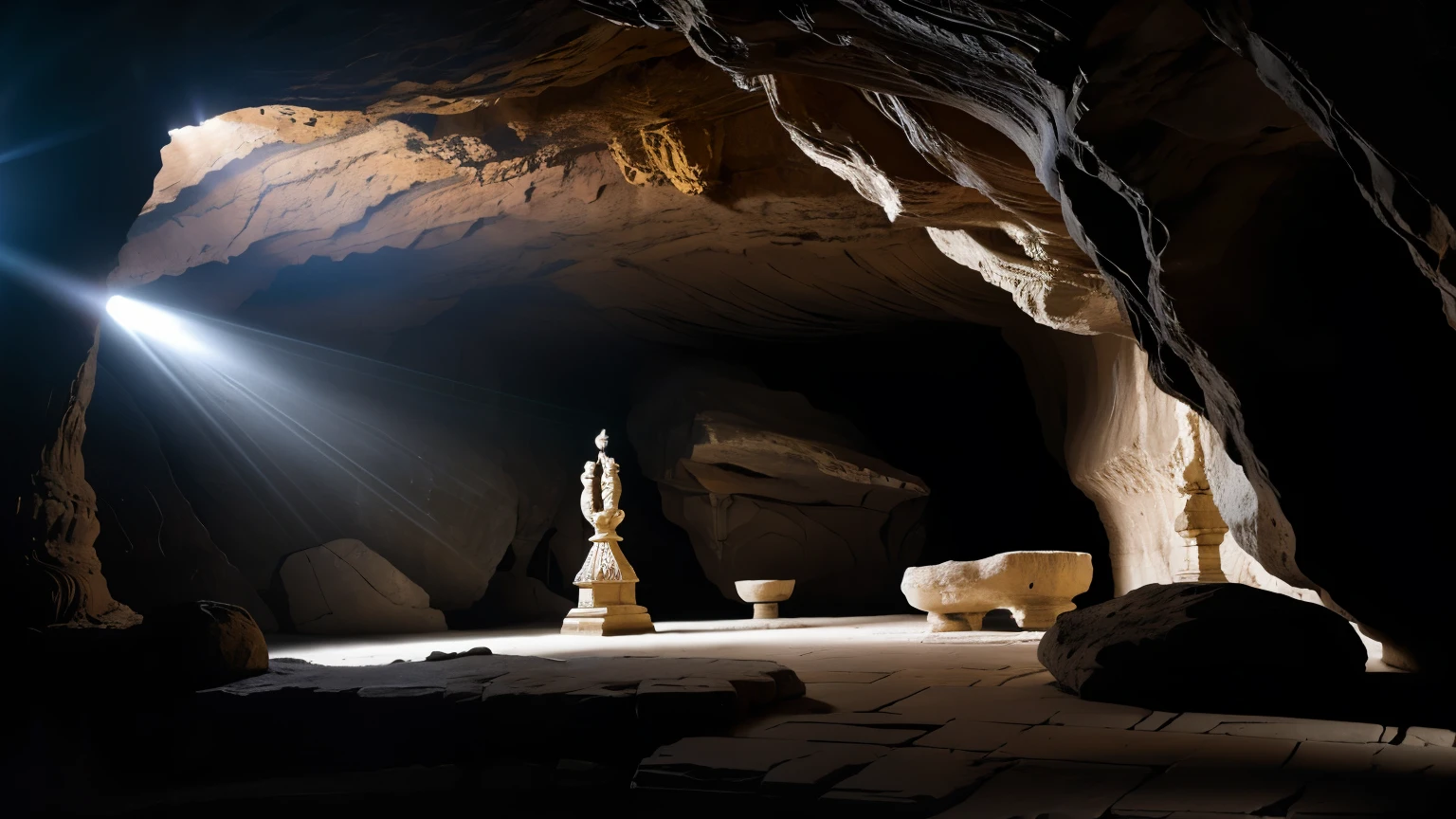 Capture the mesmerizing beauty within a vast cave, where a village of houses and temples are intricately carved into the rock walls of cave walls. Illuminate the scene with cinematic lighting, emphasizing the architectural details, and use a 28mm lens to frame the awe-inspiring grandeur. Transport your audience into this otherworldly realm where the play of light and shadow accentuates the mystical charm of the carved structures within the cave's depths.