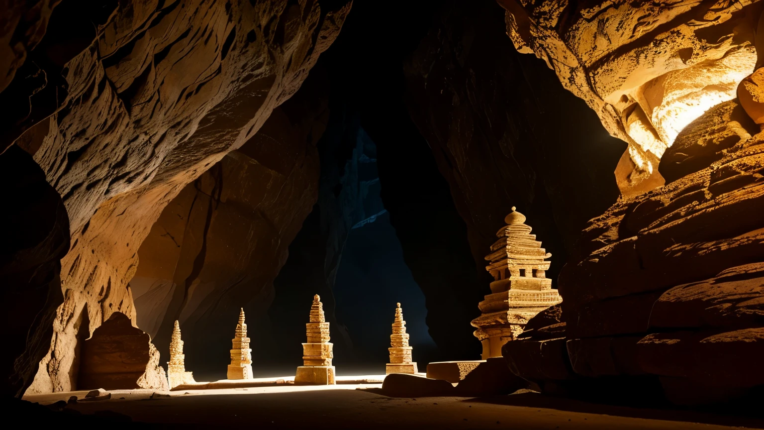 Capture the mesmerizing beauty within a vast cave, where houses and temples are intricately carved into the rock walls. Illuminate the scene with cinematic lighting, emphasizing the architectural details, and use a 28mm lens to frame the awe-inspiring grandeur. Transport your audience into this otherworldly realm where the play of light and shadow accentuates the mystical charm of the carved structures within the cave's depths.