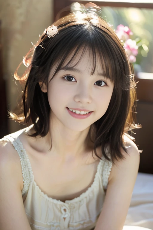 ((masterpiece))), ((cowboy shot))、(((in the bedroom,sitting)))、 (one beautiful girl, innocence,cute) ,ultra high resolution, reality, Super detailed, 8K,highest quality, very detailed, blurred background,thin,small breasts,(very beautiful japanese girl, detailed face:1.3), (boyish short hair,black hair:1.4), (baby face,cute系,Adorable Beautiful Girl), (perfect body:1.1),((cuteナイトウェア))、rosy cheeks,cute and innocent smile,detailed face、detailed lips、detailed eyes,small gravure idol,Please show me your beautiful teeth,transparent skin、beautiful lighting,glowing skin,lolita,morning, Surrounded by gentle sunlight, Best Light,best shadows, best work,Landscapes with love,Warm atmosphere,cinematic lighting,a bouquet placed,magical atmosphere,I love you