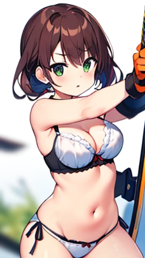 (((8k,Best Quality)), masterpiece, white background, 1girl, weapon, solo, holding weapon, ((blurry background)), bare shoulders, variety of color clothes, variety of hairstyles, bra top, lowleg panties, navel,
orange, green, violet, brown, white, combat action pose,